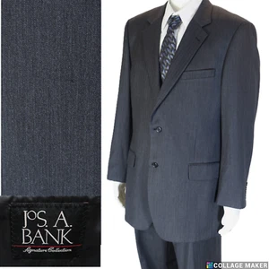 JOS. A. BANK~CHAR GRIGIO LANA A SPINA DI PESCE UOMO 44L TUTA PLT'D POLSINO PANTALONI 40X32 - Foto 1 di 17