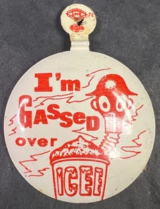VINTAGE ICEE I'm Gassed Over Gasmask Advertising Litho Tab BUTTON - Picture 1 of 9
