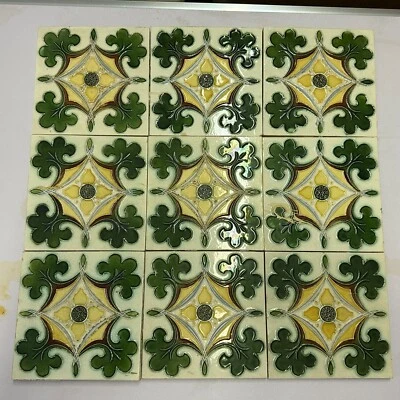 SET 9x JUGENDSTILFLIESE AUS KERAMIK 15x15cm ANTIKE JUGENDSTIL FLIESE UM 1910 - Bild 1 von 4