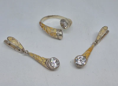 Vintage set ring and earrings 925 silver with yellow yemal Ukraine Trident - Image 1 of 4