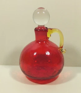 VTG Blenko Ruby Red Hand Blown Crackle Glass Cruet w/Stopper and applied Handle - Picture 1 of 8