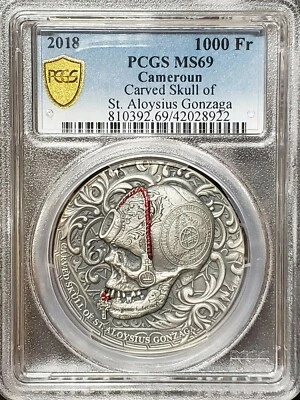 2018 Cameroun 1 oz Silver Carved Skulls Skull of St. Aloysius Gonzaga PCGS MS69 - Image 1 of 3