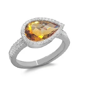 14K WEISSGOLD PAVE DIAMANT CITRIN BIRNENSCHLIFF HALO COCKTAIL VERLOBUNGSRING - Bild 1 von 2