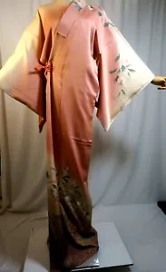 Japanischer Kimono "HOUMONGI" SEIDE, Schild, Pflanzen, Silhouette, rosa, L65"..2266 - Bild 1 von 13