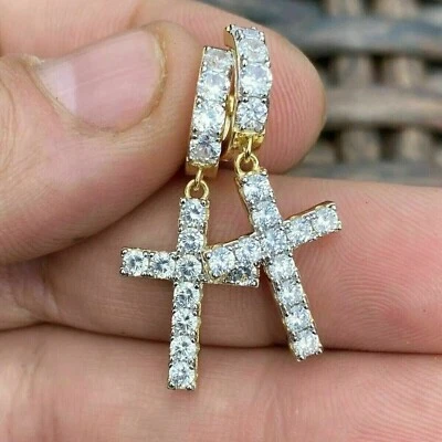 Men's & Women's 2.00Ct Round Lab Grown Diamond Drop Cross Hoop Earrings 10k Gold - Image 1 of 4