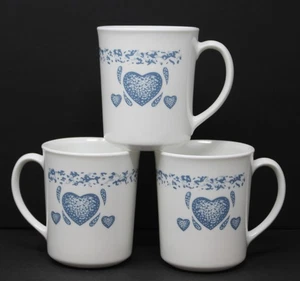 Vintage 80's Corning Ware Mugs Corelle Blue Heart Spongeware 3 Coffee Tea Cups - Picture 1 of 7