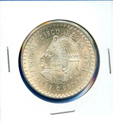 Moneda de plata Cuauhtémoc de 5 pesos de México 1948 #73 BU 1948 MS brillante sin circular Foto 1 de 3