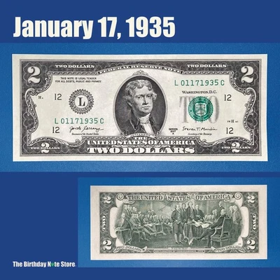January 17, 1935 Birthday Anniversary $2 Two Dollar Bill Serial Number 01171935 - Image 1 of 2