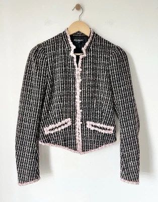 BETSEY JOHNSON 复古 90 年代 Y2K 粉红色羊毛混纺开襟粗花呢西装外套。 6 — 第 1/4 张图片