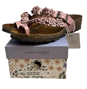 SOPHIA MILANO Italy Pink Floral Applique Leather Rivets Thong Sandals Womens 8 - Picture 1 of 8