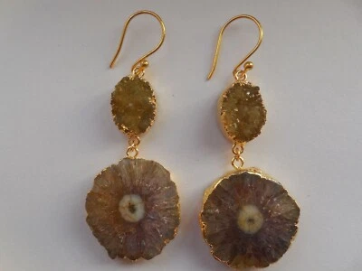 Gold Edge Druzy Agate Solar Slice Earring Natural Gemstone Fashion Jewelry Brown - Image 1 of 4