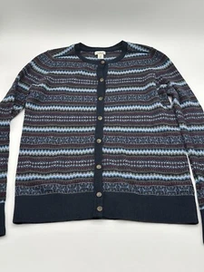 LL Bean Nordic Fair Isle Cardigan Sweater Navy Blue Cotton Cashmere Size XS Reg - Picture 1 of 11