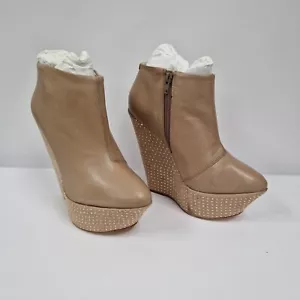 Topshop Ankle Boots UK 7 Platform Leather Wedge Studded Drag Queen Bondage Nude - Picture 1 of 12