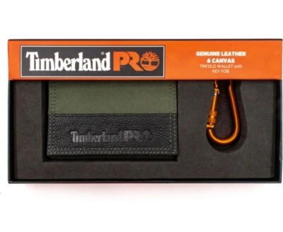 Timberland PRO Leather Trifold Wallet And Key Fob Olive Black $52 Gift Box Set - Image 1 of 4