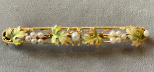 Antique Edwardian  14K  Gold Bar Pin Enamel & 12 Freshwater Pearls - Picture 1 of 9