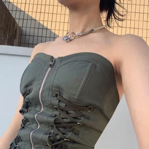 Women's Tank Top Solid Off Shoulder Lace Up Zipper Wrap Chest Tank Top - Picture 1 of 14