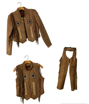 Chaqueta chaleco chaps de colección para mujer de cuero con flecos con cuentas de nativos americanos occidentales Foto 1 de 4