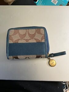 Coach Zip Around Wallet in Signature Canvas Khaki/Blue leather 4 by 3.5 in