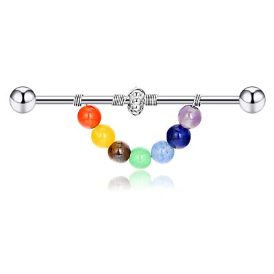 7 Chakra Stone Industrial Barbell Stainless Steel Straight Bar Piercing 14G 38MM - Image 1 of 4