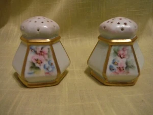 Antique Vienna Austria Salt & Pepper Shakers, Gold Trim, Pink, Blue & Yellow - Picture 1 of 6
