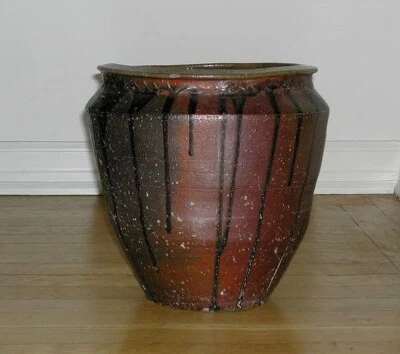 Tarro de almacenamiento de cerámica, boca ancha, goteas de esmalte oscuro, artículos Tanba antiguos, Japón Foto 1 de 4