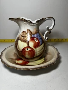 Vintage Porcelain Pitcher and Bowl Wash Basin Set Hand painted Fruit Kitchen - Picture 1 of 19