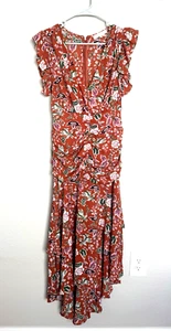 Franco Women's Small Rust Red Floral Midi Dress Ruffle Sleeve Asymmetrical Hem - Picture 1 of 13