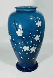 Antique Japanese Awaji Enamelled Prunus Cherry Blossom Blue White Pottery Vase - Picture 1 of 11