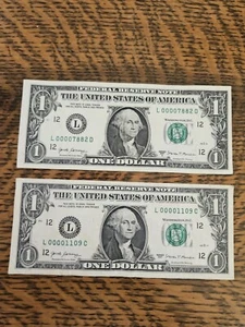 Two $1 BILLS FANCY NOTES, Low Serial Numbers 4 Digits - Picture 1 of 6