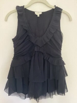 Deletta Anthropologie Black Nylon Tiered Mesh Ruffled Amaris Top Blouse Small - Image 1 of 3