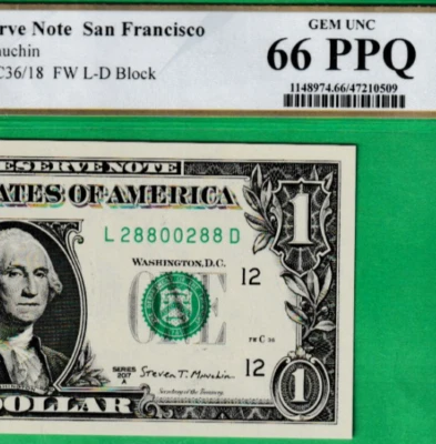 $1  Federal Reserve Note REPEATER 28800288  Serial Numbers San Francisco PCGS 66 - Image 1 of 3
