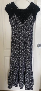 Vintage Young Hawaii Dress Womens Large Maxi Black Crochet Ditsy Floral Bohemian - Picture 1 of 15