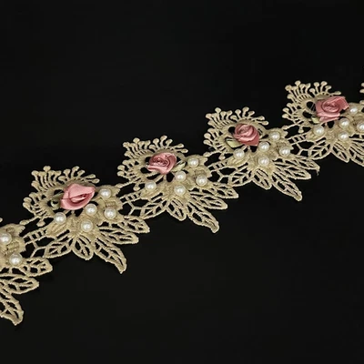 2 Yard Vintage Flower Pearl Beads Lace Ribbon Eyelash Embroidered Fabric Floral - Image 1 of 4