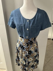 Vintage 1990er Jahre Damen Halb Denim Blumen Kleid mit Tie Back Größe M EUC - Bild 1 von 6