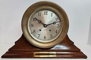 Vintage Working CHELSEA Clock Co. Ship's Bell Strike Brass Porthole Mantel Clock