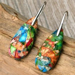 Floral Jasper Stone Teardrop Dangle Earring Silver Drop Retro Hook Earrings - Picture 1 of 4