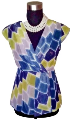 Banana Republic Top Sz S Silk y V Neck Wrap Blue Green White Gray Dress Casual  - Image 1 of 4