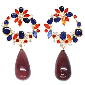 14 X 24 Mm. Zweifarbig Achat Saphir Feuer-Opal Ohrringe Silber 925 Sterling - Bild 1 von 5
