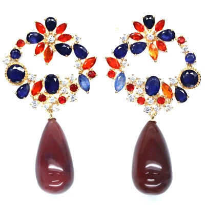 14 X 24 mm. Bi-Color Agate Sapphire Fire-Opal...Earrings Silver 925 Sterling - Image 1 of 4