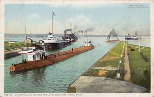 Whaleback Steamer Freighter Poe Lock Sault Ste Marie Michigan 1909 postcard - Picture 1 of 2
