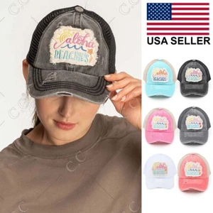 C.C Women Aloha Beaches Mesh Back Criss Cross Embroidered Ponytail Baseball Cap - Picture 1 of 16