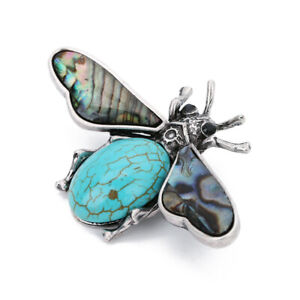 5PCS Bee Blue Turquoise Natural Stone Abalone Wings Vintage Silver Pin Brooch