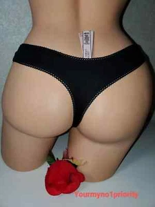 S- XL Victoria's Secret 100% Cotton Thong Panty Picot trim Black w Pink Rosette - Picture 1 of 12