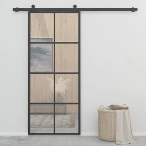 Modern Sliding Door 90x205cm Black Rust Resistant Aluminium Frame ESG Glass - Picture 1 of 8