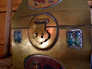 Antique Asian Brass box with Dragon Cloisonne Cartouches - Picture 1 of 21