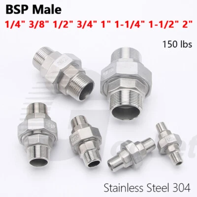 Stainless Steel Union 1/4" - 2" BSP Male / Male Thread Pipe Fittings Adapter 304 - Image 1 of 4