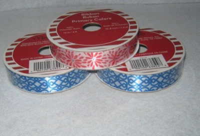Michael's - Crafting & Scrapbooking Ribbons - Lot of 3 - Blues & Red Prints - - Image 1 of 3