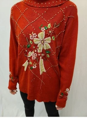 Suéter Pullover Cuello Capucha Navidad Rojo Poinsetta Y Lazo Cuentas Talla S (D) Foto 1 de 4