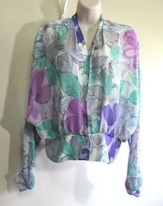 Wilroy Womens 14 L Shirt Silk Pastel Floral Shawl Collar Long Puff Vintage 80s - Picture 1 of 8