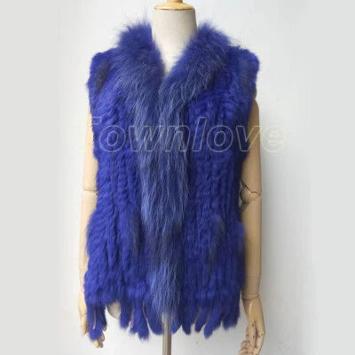 Women Real Rabbit Fur Knitted Vest Real Raccoon Fur Collar Gilet Sleeveless Coat - Image 1 of 4